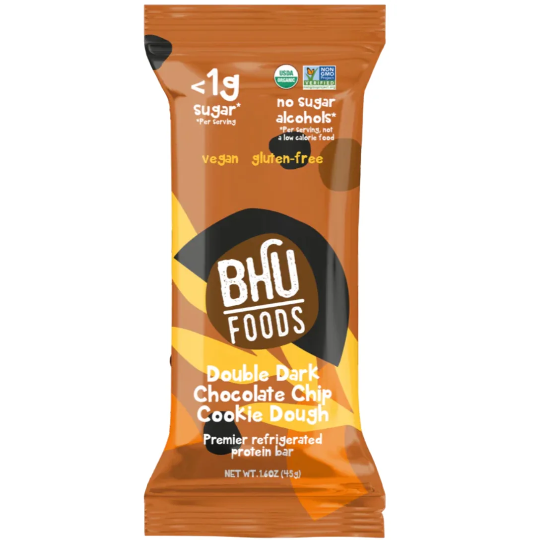 BHU Foods Double Dark Chocolate Cookie Dough protein bar product photo